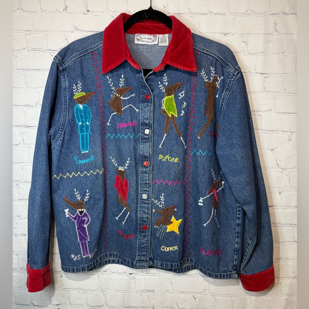 VTG Connie Allen size medium denim jacket with reindeer appliqués & embroidery